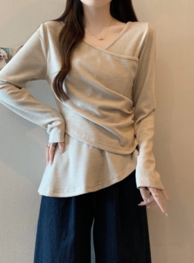 实拍 大码女装韩版修身不规则时尚V领针织衫设计感显瘦长袖T恤