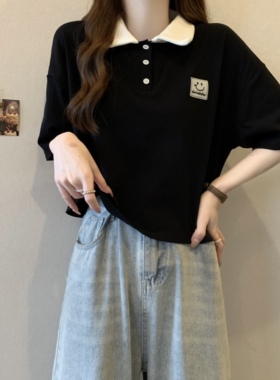 实拍 胖MM大码女装夏季韩版时尚撞色POLO领刺绣贴布宽松T恤上衣