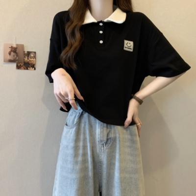 实拍 胖MM大码女装夏季韩版时尚撞色POLO领刺绣贴布宽松T恤上衣
