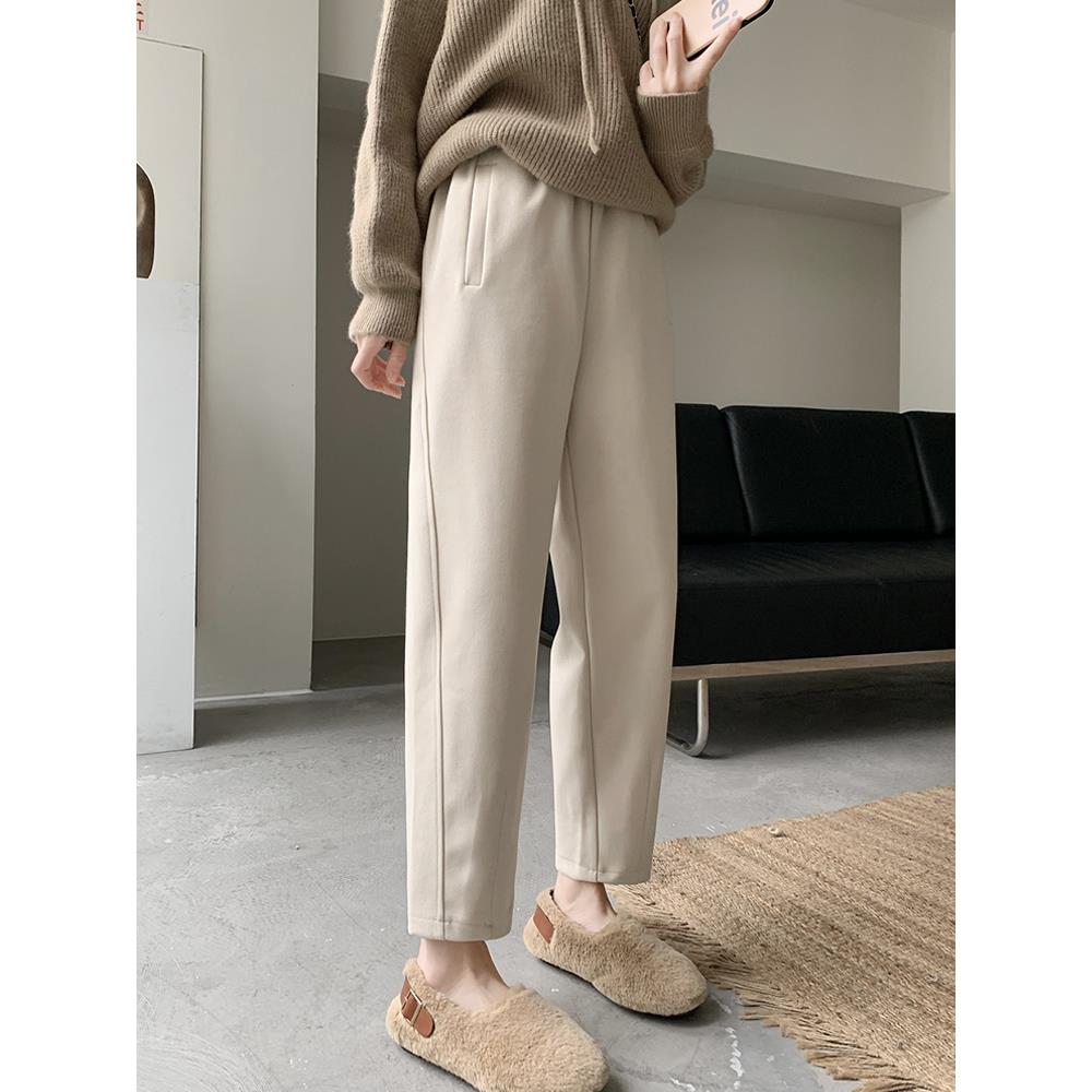 加码裤的妇女春季和秋季新胡萝卜运动裤瘦身看胖毫米大尺寸米色奶