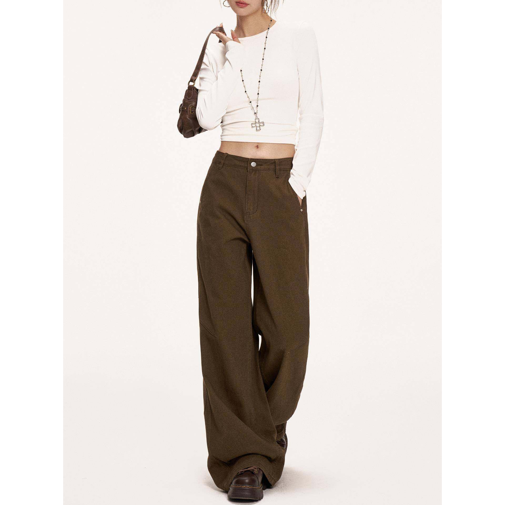 美式覆古棕咖色高腰阔腿牛仔裤女2025秋冬新款宽松显瘦拖地直筒裤