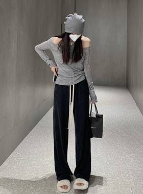 Ebenb阔腿裤2025新款高腰直筒休闲裤春秋季及及地的糯米褶皱裤