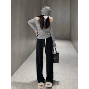 Ebenb阔腿裤2025新款高腰直筒休闲裤春秋季及及地的糯米褶皱裤