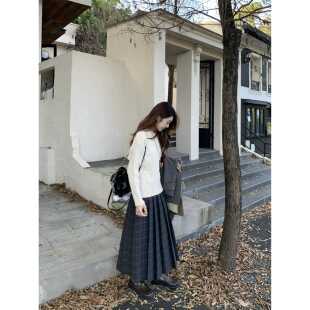 DOMX秋冬新款格纹覆古高腰a字裙灰色长裙秋冬百褶裙半身裙女加厚