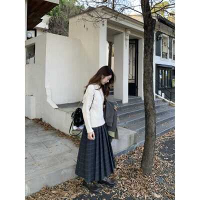 DOMX秋冬新款格纹覆古高腰a字裙灰色长裙秋冬百褶裙半身裙女加厚