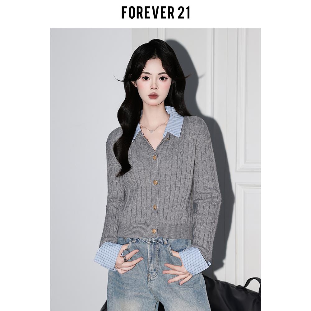 Forever 21高智感灰色拼接假两件针织开衫女韩系宽松Polo长袖上衣