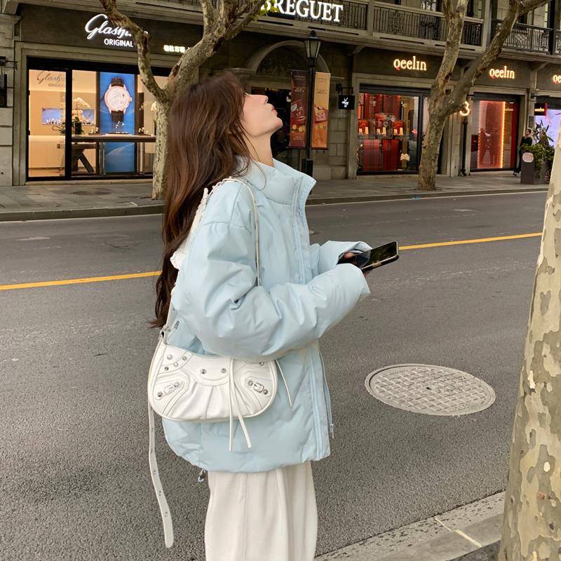 短款羽绒服女2024新款加厚菱格压印立领小个子潮牌情侣冬季外套男