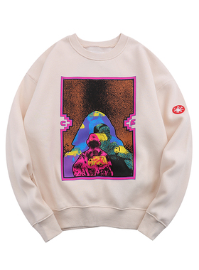 C.E CAV EMPT加绒圆领卫衣日系复古水洗蜡染休闲杏色宽松秋冬套头