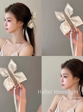 芭蕾风白色缎面蝴蝶结猫耳飘带香蕉夹抓夹女甜美公主鲨鱼夹子头饰