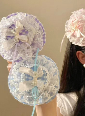 洛丽塔蕾丝礼帽发夹少女心格子边夹二次元甜妹lolita发饰JK头饰