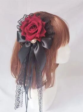哥特丸Lolita搞丝绒玫瑰花cla发饰风发夹宫廷手作洛丽塔死暗黑