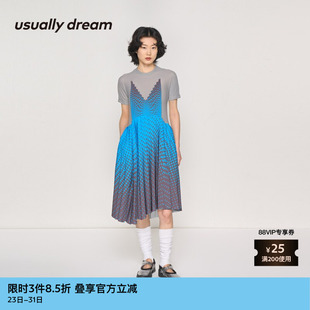 素然usually 女士气质休闲压褶拼接蕾丝波点印花连衣裙 dream夏季