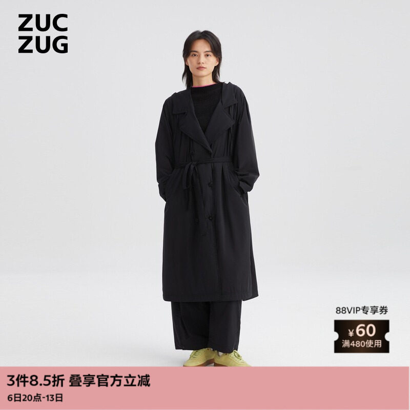 ZUCZUG 素然秋冬女士气质超软铺棉尼龙布带帽长风衣