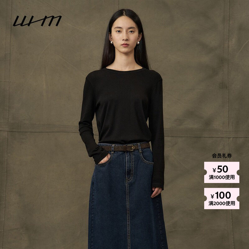 素然WHM 秋季女士美利诺羊毛混纺牦牛绒圆领黑色上衣