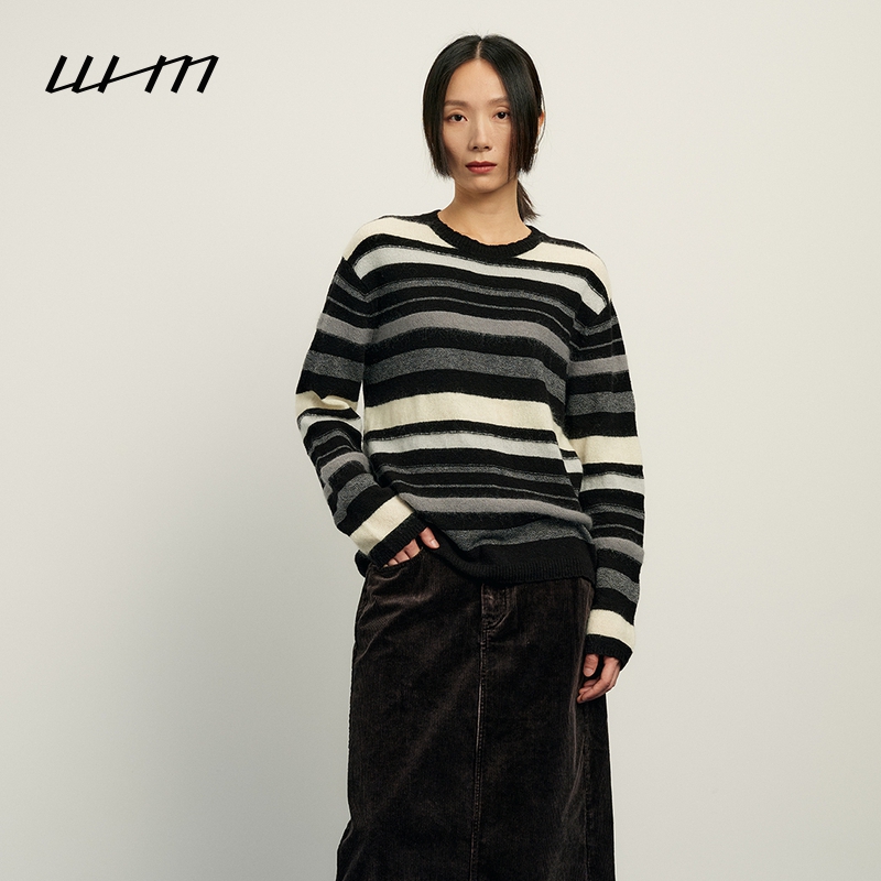 WHM条纹毛圈针织圆领套头针织衫
