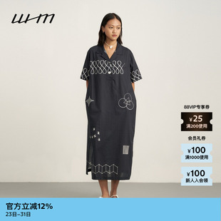 新品 领短袖 素然WHM 女士复古气质设计感印花衬衫 连衣裙 夏季