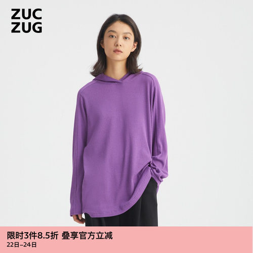 ZUCZUG舒适抽条针织带帽宽松T恤