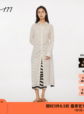 素然WHM 女士干爽印花棉布衬衫领黑白外套衬衫连衣裙