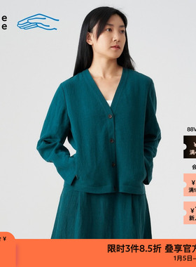 素然klee klee 女士休闲气质经典宽松西装感亚麻V领质感短开衫