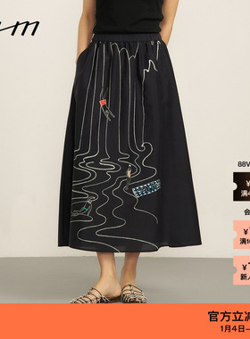 【新品】素然WHM 夏季女士复古设计感气质印花丝棉抽褶半裙