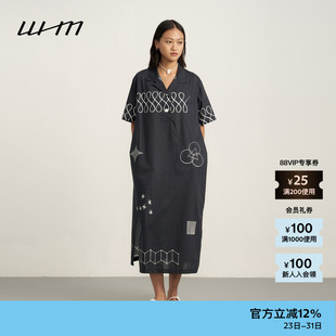 【新品】素然WHM 夏季女士复古气质设计感印花衬衫领短袖连衣裙