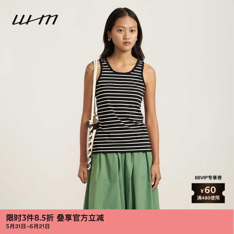 【新品】素然WHM 夏季女士显气质横条纹针织布黑色条纹背心