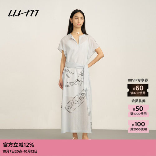 WHM气质色织条纹棉布印花连衣裙