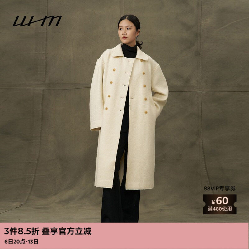 WHM纹理针织呢双排扣翻领大衣