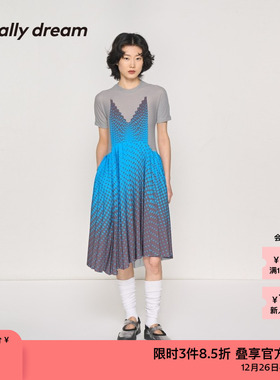 素然usually dream夏季女士气质休闲压褶拼接蕾丝波点印花连衣裙