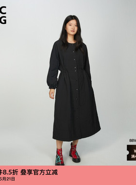 ZUCZUG 素然秋季女士休闲气质薄弹尼龙格型绗缝收腰黑色长外套