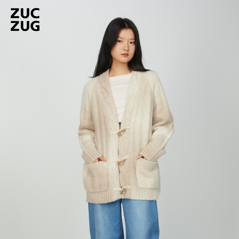 ZUCZUG 素然秋季女士休闲柔软舒适羊驼毛段染横机松直V领针织开衫