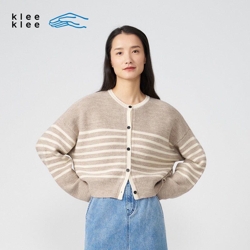 【新品】素然klee klee 春夏女士环保羊毛条纹短毛衣针织开衫