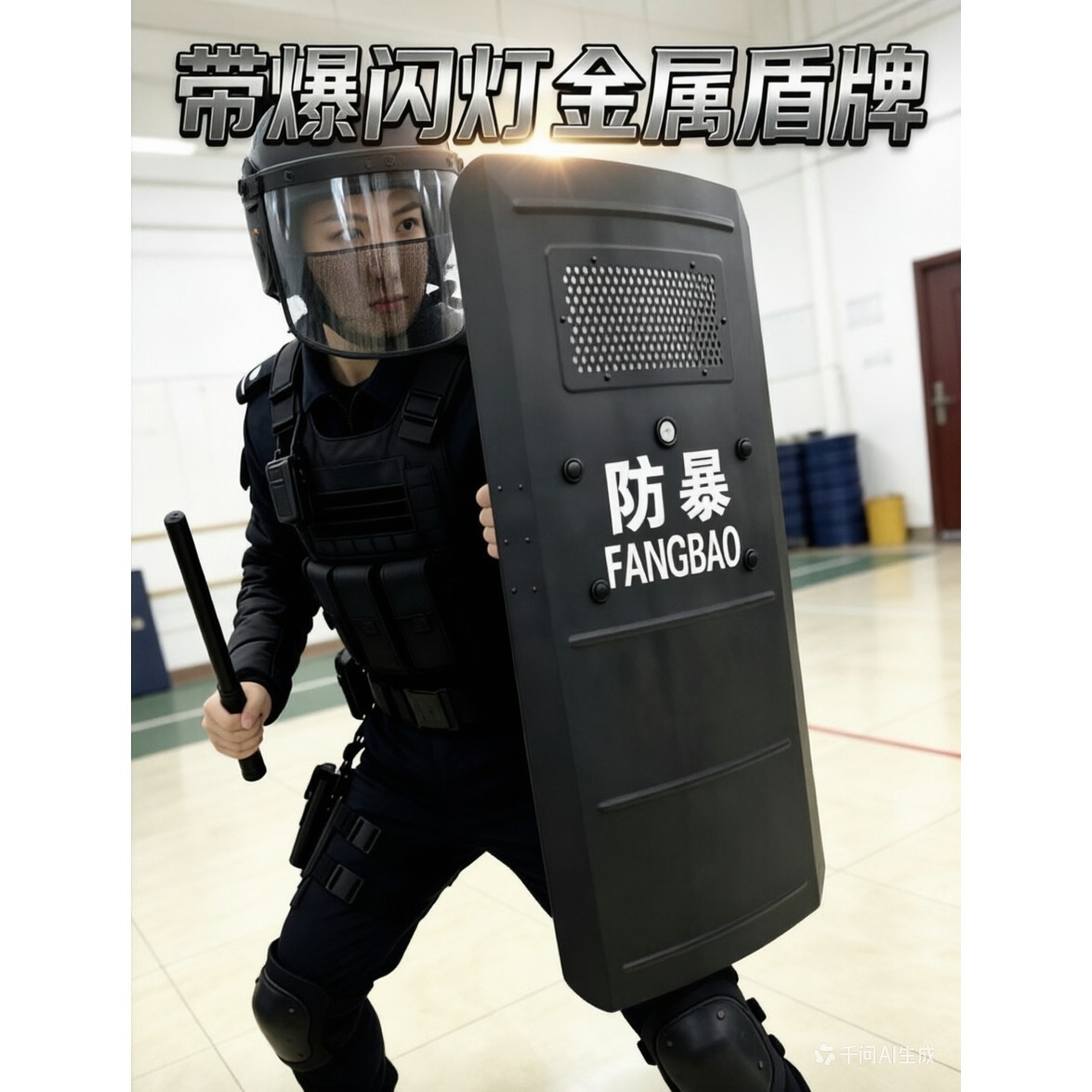 带爆闪灯铝合金防爆盾牌金属防暴手持盾PC臂盾圆方形战术防砍防