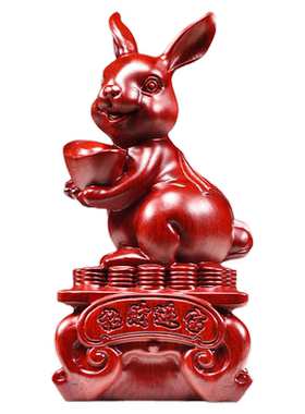 红色木雕刻兔子生肖兔摆件木质兔客厅装饰开业送礼家居装饰工艺品