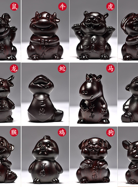 黑檀实木十二生肖摆件一套木雕刻鼠牛虎兔龙蛇马羊猴鸡狗猪家居品