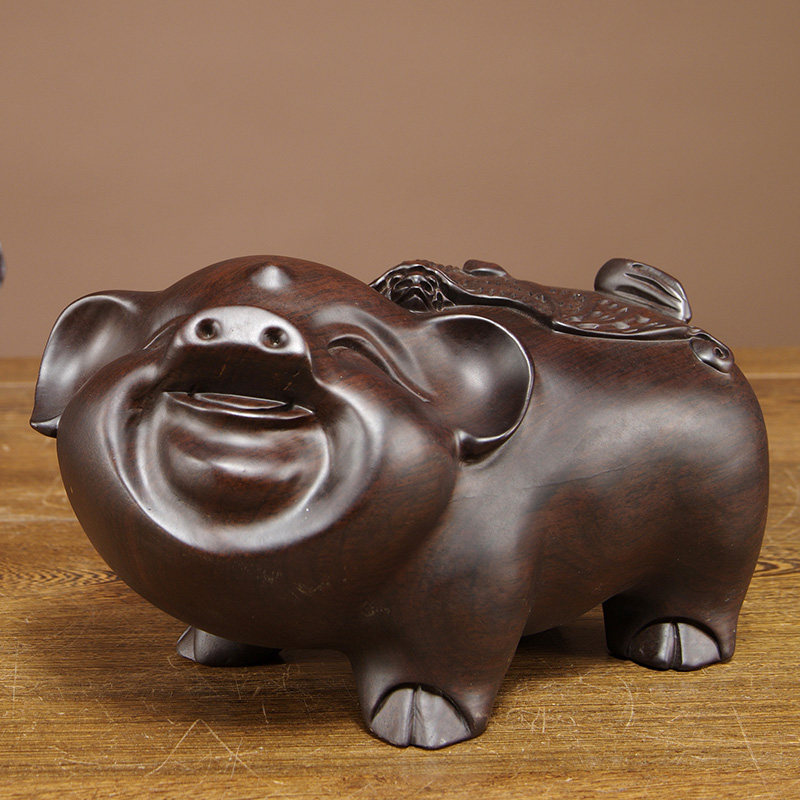 黑檀木雕福猪摆件猪年吉祥物一对生肖猪贺岁礼品家居客厅装饰摆设
