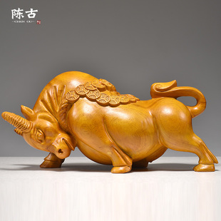 香樟木雕牛摆件生肖牛金色牛木头雕刻家居装饰办公摆设送礼工艺品