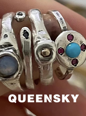 定制小众设计mars25复古手工天然石ins风铜镀白金戒指简约百搭