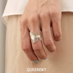 白银色镂空花朵向日葵开口戒指女小众设计感新中式轻奢气质百搭