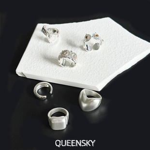 欧美冷淡风几何方形白银哑光光面拉丝戒指简约开口指环男女中性风