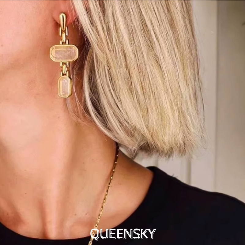 法国小众设计方形水晶吊坠耳环Go*s*ens欧美时尚精致简约百搭耳饰