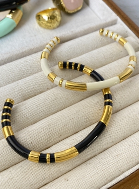 法国小众黑白金色撞色珐琅手镯女