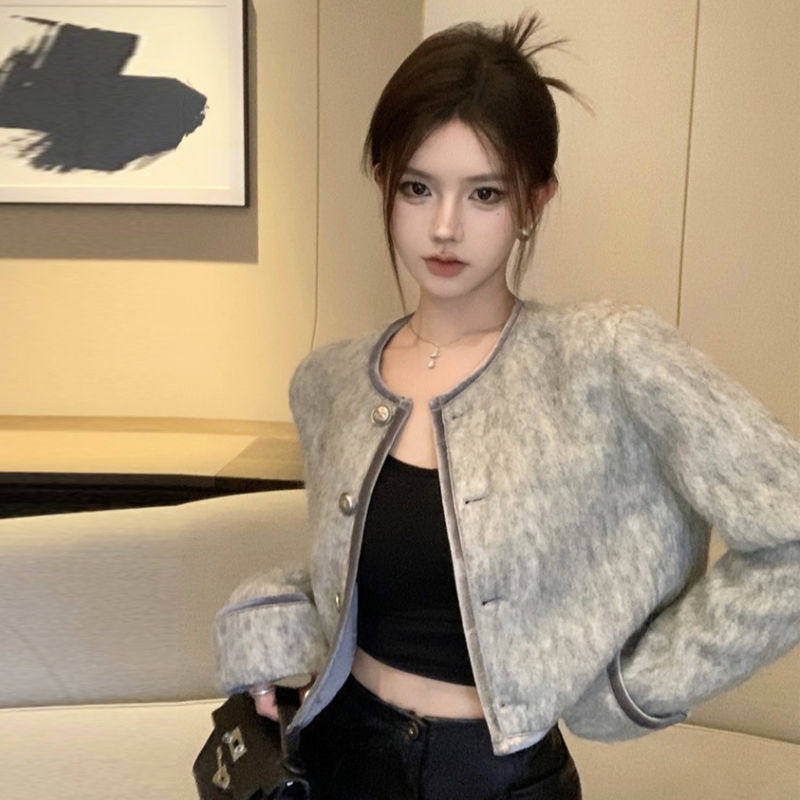 法式小香风气质名媛毛呢短外套女春季新款洋气小个子加厚短款上衣