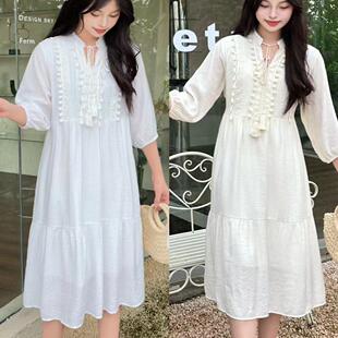 连衣裙2024新款女秋冬大码风琴褶A字裙 法式复古白色长裙店长推荐