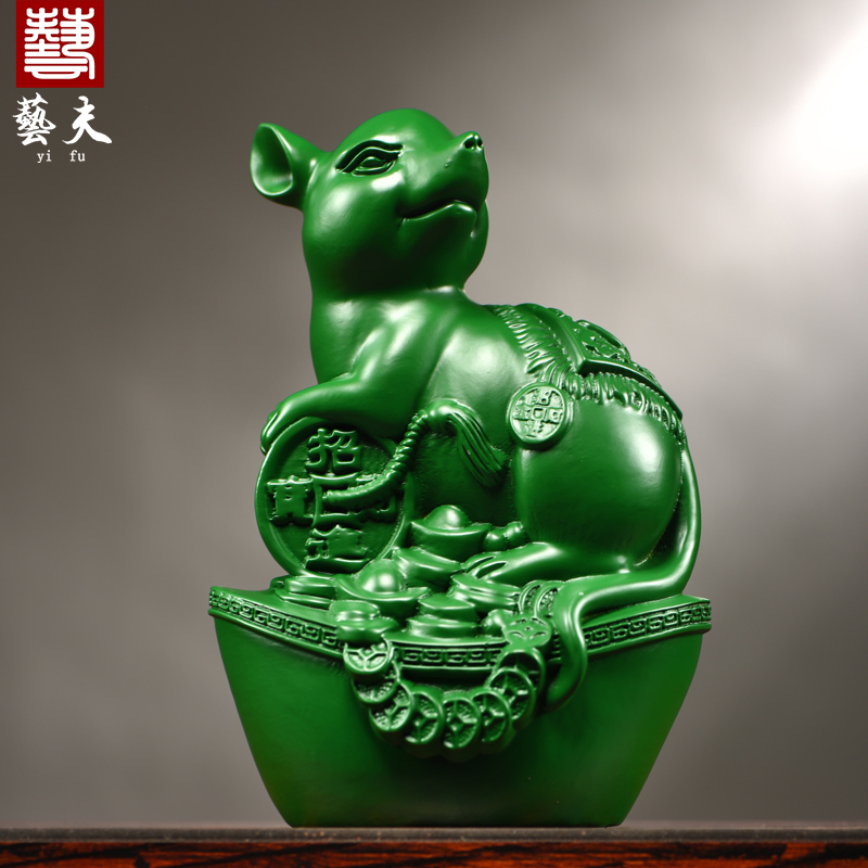 绿色木雕老鼠摆件十二生肖木质鼠家居客厅桌面装饰红木送礼工艺品