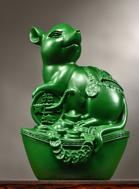 绿色木雕老鼠摆件十二生肖装饰