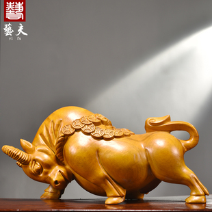香樟木雕金钱牛摆件实木十二生肖牛气冲天吉祥物家居客厅办公装饰