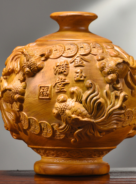 木雕花瓶摆件实木金玉满堂插花瓶