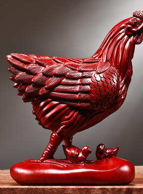 红花梨木雕母鸡摆件实木生肖装饰