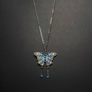 Vintage古着 轻奢蓝色蝴蝶项链女流苏吊坠钛钢项链个性配饰